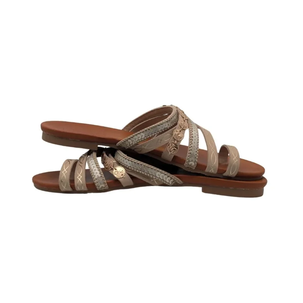 Jellypop Taupe Gold Coin Sandals Size 6.5-7